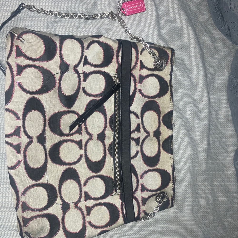 Coach Signature Beige and Black Shoulder Bag